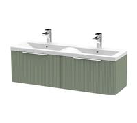 Tixall Fluted 2 Drawer Wall Hung Vanity Unit with Double Basin, Satin Green, 1200mm