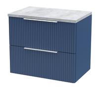 Tixall Fluted 2 Drawer Wall Hung Vanity Unit with Laminate Worktop, Satin Blue, 600mm