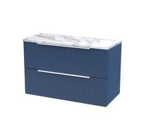 Tixall Fluted 2 Drawer Wall Hung Vanity Unit with Laminate Worktop, Satin Blue, 800mm