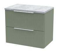 Tixall Fluted 2 Drawer Wall Hung Vanity Unit with Laminate Worktop, Satin Green, 600mm