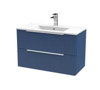 Tixall Fluted 2 Drawer Wall Hung Vanity Unit with Minimalist Basin, Satin Blue, 800mm