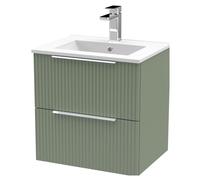 Tixall Fluted 2 Drawer Wall Hung Vanity Unit with Minimalist Basin, Satin Green, 500mm