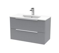 Tixall Fluted 2 Drawer Wall Hung Vanity Unit with Minimalist Basin, Satin Grey, 800mm