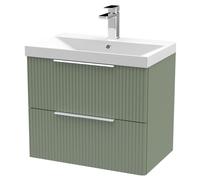 Tixall Fluted 2 Drawer Wall Hung Vanity Unit with Thin Edge Basin, Satin Green, 600mm