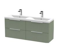 Tixall Fluted 4 Drawer Wall Hung Vanity Unit with Double Basin, Satin Green, 1200mm