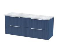 Tixall Fluted 4 Drawer Wall Hung Vanity Unit with Laminate Worktop, Satin Blue, 1215mm