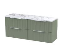 Tixall Fluted 4 Drawer Wall Hung Vanity Unit with Laminate Worktop, Satin Green, 1215mm