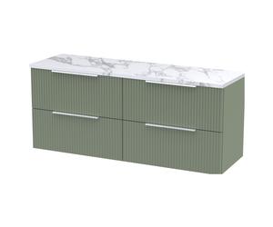 Tixall Fluted 4 Drawer Wall Hung Vanity Unit with Laminate Worktop, Satin Green, 1215mm