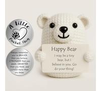 Tixlux Happy Bear Gifts, Handmade Crochet Positive Cute Knitted Bear, with Pocket Hug Lucky Charm, Good Luck | Emotional Support | Get Well Soon | Encouragement | Birthday Gifts for Women Men -White