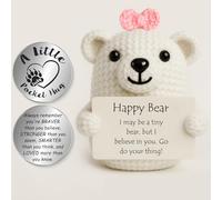 Tixlux Happy Bear Gifts, Handmade Crochet Positive Cute Knitted Bear, with Pocket Hug Lucky Charm, Good Luck | Emotional Support | Get Well Soon | Encouragement | Birthday Gifts for Women Men -White