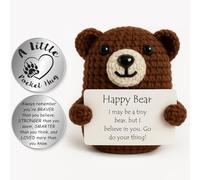 Tixlux Happy Bear Gifts, Handmade Positive Cute Knitted Bear Doll, with Pocket Hug Lucky Charm, Good Luck | Emotional Support | Get Well Soon | Christmas | Birthday Gifts for Women Men Kids -Brown