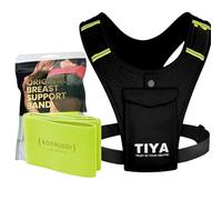 TIYA Women's Running Vest + Boobuddy Breast Support Band - Zero Bounce Runners Accessory Set - 100% Waterproof Phone Holder Pouch (Black/Yellow) & High Impact Compression Chest Strap (Green), Medium