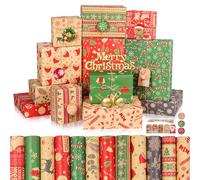 TIYCNIY Christmas Wrapping Paper, 12 Sheets Recyclable Kraft Paper 50x70CM in Folded Sheets with 12 Unique Xmas Theme Pattern Designs (Bonus String and Gift Tags)