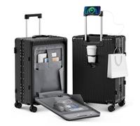 TIYFIY 20 Inch Lightweight Carry On Luggage, Aluminum Frame PC Hardshell Suitcase with Front Pocket & Cup Holder, TSA Lock, USB Charger Port, Spring-Loaded Wheels for Business Travel, Black, 20 inch