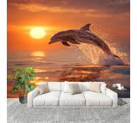 Tizhweqo 3D Panoramic Wallpaper Mural Dolphin Photo Wallpaper Sunset Landscape 350x256 cm (WxH) Non-Woven Art Print Wall Mural Poster Picture for Living Room Bedroom Kitchen Hallway Wall Decor 3293v