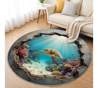 Tizhweqo Small Round Rugs 60cm Marine Theme Round Area Rug 3D Sea Turtle Short Pile Carpet, Circle Rug Machine Washable Non-Slip Floor Mat for Living Room Bedroom Kids Room YDT338