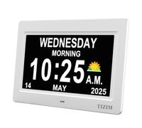 TIZIM Dementia Clock with Day and Date for Seniors, Digital Clock large display Electronic Calendar, 13 Alarms Custom Reminders clocks for bedroom living room. (White, 7 Inches)