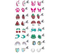 TIZU 16 Pair Silver Stud Earrings Set for Women Hypoallergenic Strawberry Butterfly Bunny Unicorn Rainbow Pearl Heart Zirconia Earrings Set for Girls