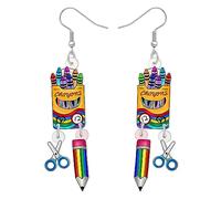 TIZURO Acrylic Back to School Novelty Pencil Ruler Crayon Earrings Fun Class Supplies Dangle Jewellry For Women Teacher's Day Party Charms Gifts (Yellow)