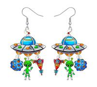 TIZURO Acrylic Novelty UFO Alien Spaceship Earrings Back To School Science Astronaut Planets Dangle Fun Jewellry For Women Cosmos Stars Lovers Gifts (Green)
