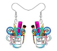 TIZURO Back To School Acrylic Cute Ruler Pencil Cups Earrings Fun Pencilcase Dangle Novelty Jewellry For Women Teacher's Day Charms Gifts (Pink)