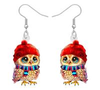 TIZURO Christmas Acrylic Fun Santa Hat Owl Earrings Cartoon Wild Bird Animals Dangle Novelty Jewellry For Women Winter Xmas Party Costume Gifts (Red)
