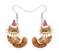 TIZURO Christmas Acrylic Fun Santa Hat Persian Cat Earrings Cartoon Kitten Pets Animals Dangle Novelty Jewelry For Women Xmas Charms Winter Gifts (Brown)
