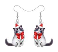 TIZURO Christmas Acrylic Fun Santa Hat Ragdoll Cat Earrings Cartoon Bow Kitten Pets Animals Dangle Novelty Jewellry For Women Xmas Charms Winter Gifts (White)