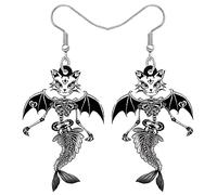 TIZURO Halloween Acrylic Funky Mermaid Tail Skull Cat Earrings Goth Evil Wings Dangle Novelty Jewellry For Women Skull Lovers Charms Gifts (Black)