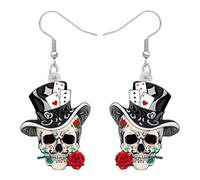 TIZURO Halloween Acrylic Rose Sugar Skull Earrings Punk Mexican Hat Designer Dangle Novelty Jewellry For Women Skull Lovers Party Gifts (Grey)