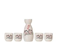 TJ Global 5-Piece Sake Set, Durable Ceramic Japanese Sake Set with 1 Carafe/Decanter/Tokkuri Bottle and 4 Ochoko cups for Hot or Cold Sake at Home or Restaurant - Cute Cat Design