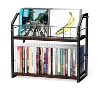 TJ.MOREE 2 Tier Vinyl Record Holder,56 Capacity CD Rack/Storage/Holder and Vinyl Record Storage, Industrial Retro Carbon Steel/Wood, Space Saving Desktop Organizer