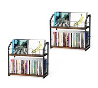 TJ.MOREE 2 Tier Vinyl Record Holder,56 Capacity CD Rack/Storage/Holder and Vinyl Record Storage, Industrial Retro Carbon Steel/Wood, Space Saving Desktop Organizer (Vintage Color)
