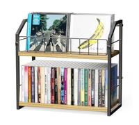 TJ.MOREE 2 Tier Vinyl Record Holder,56 Capacity CD Rack/Storage/Holder and Vinyl Record Storage, Industrial Retro Carbon Steel/Wood, Space Saving Desktop Organizer (1, light yellow)