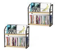 TJ.MOREE 2 Tier Vinyl Record Holder, 56 Capacity CD Rack/Storage/Holder, Industrial Retro Carbon Steel/Wood, Space Saving Desktop Organizer (Light Yellow)