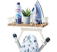 TJ.MOREE Ironing Board Hanger Wall Mount - Laundry Room Iron and Ironing Board Holder with Large Storage Wooden Base Basket and Removable Hooks(T&V Shaped)
