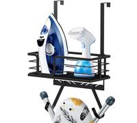 TJ.MOREE Wall Mount/Over the Door Ironing Board Holder with Large Storage Basket &Strong Hooks, Laundry Room Iron and Ironing Board Holder Storage Holder