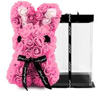 TJC 28cm Rose Teddy Bear Flower Bear with Gift Box Birthday Romantic Valentines Gifts for her Girlfriend Love Friends Wife Fiancée PE Material with Bow Tie Everlasting Forever Pink and White