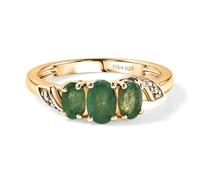 TJC 3 Stone Emerald Trilogy Ring for Women, 925 Sterling Silver Engagement Promise Silver Rings for Women, 18K Yellow Gold Vermeil Plated, May Birthstone Jewellery Gift, Size Y