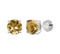 TJC 925 Sterling Silver Flat Back Solitaire Stud Earring Yellow Citrine November Birthstone, Rhodium Plated, Round Cut, Screw Back, Classic Style for Women and Men