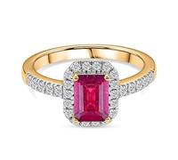 TJC 925 Sterling Silver Halo Ring for Women African Ruby & Moissanite 18K Yellow Gold Vermeil Plated July Birthstone Statement Jewellery Gift for Her Size Q