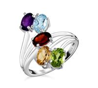 TJC 925 Sterling Silver Sky Blue Topaz Garnet Peridot Multi Gemstones Friendship Bypass Ring for Women and Girls Size L