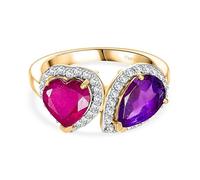 TJC African Ruby & Amethyst Toi Et Moi Ring for Women 925 Sterling Silver 18K Yellow Gold Vermeil Plated, Heart Ruby & Oval Amethyst with White Zircon Halo, Gemstone Statement Ring Gift Size N