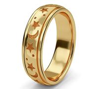 TJC Anxiety Fidget Ring for Men & Women, 925 Sterling Silver Meditation Spinner Ring, Anti Stress Rotating Worry Band, Star & Moon Engraved 18K Vermeil Yellow Gold Plated Ring for Women Size R