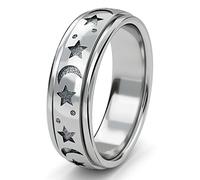 TJC Anxiety Fidget Ring for Men & Women, 925 Sterling Silver Meditation Spinner Ring, Anti Stress Rotating Worry Band, Star & Moon Engraved Platinum Plated Ring for Women, Comfort Fit Size T
