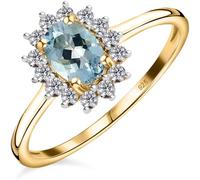 TJC Aquamarine Halo Ring for Women in 14ct Gold Plated 925 Sterling Silver Size K Blue Coloured March Birthstone Metal Wt. 1.5 Grams
