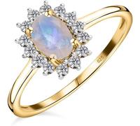TJC Birthstone Halo Engagement Ring for Women, 925 Sterling Silver 18K Yellow Gold Vermeil MoonStone Gemstone Ring, Vintage Royal Halo Ladies Statement Jewellery Gift Size M