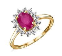 TJC Birthstone Halo Engagement Ring for Women, 925 Sterling Silver 18K Yellow Gold Vermeil Ruby Gemstone Ring, Vintage Royal Halo Ladies Statement Jewellery Gift Size J