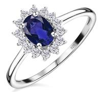 TJC Birthstone Halo Engagement Ring for Women, 925 Sterling Silver Platinum Plated Blue Sapphire Gemstone Ring, Vintage Royal Halo Ladies Statement Jewellery Gift - Size L