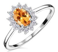TJC Birthstone Halo Engagement Ring for Women, 925 Sterling Silver Platinum Plated Citrine Gemstone Ring, Vintage Royal Halo Ladies Statement Jewellery Gift - Size K